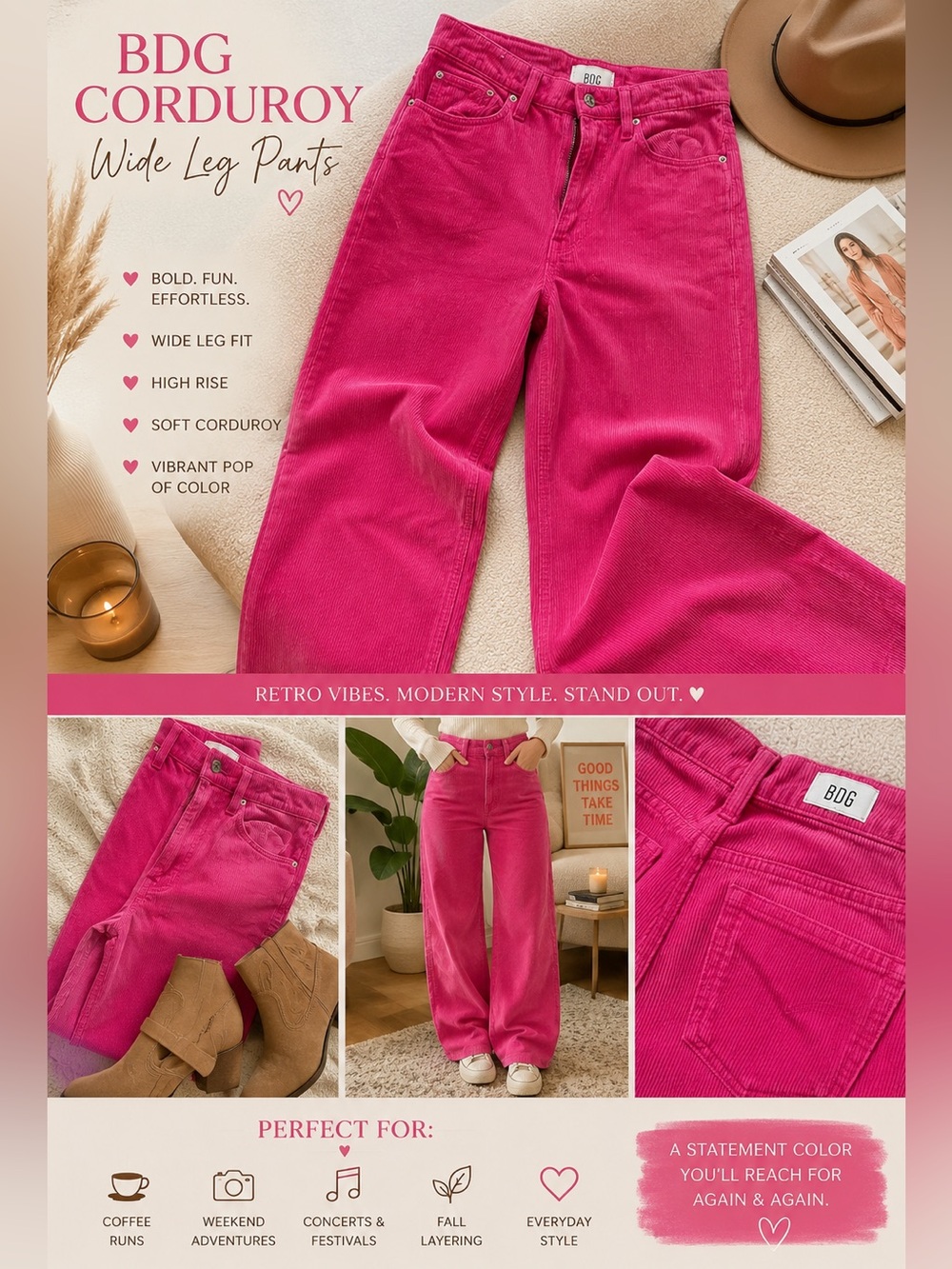 BDG Wide-Leg Corduroy Jeans in Vibrant Pink